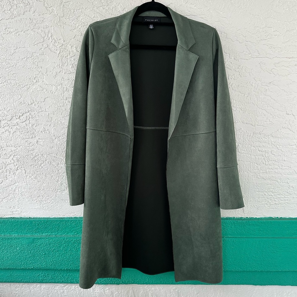 Premise Faux Leather Green Small Jacket Drape Open Front Long Line